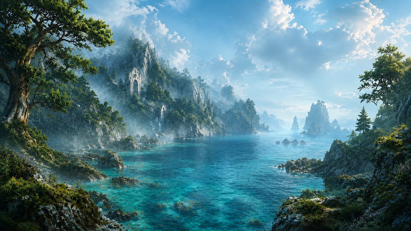 Mistwright key art: a turquoise cove beneath pale cliffs and drifting mist